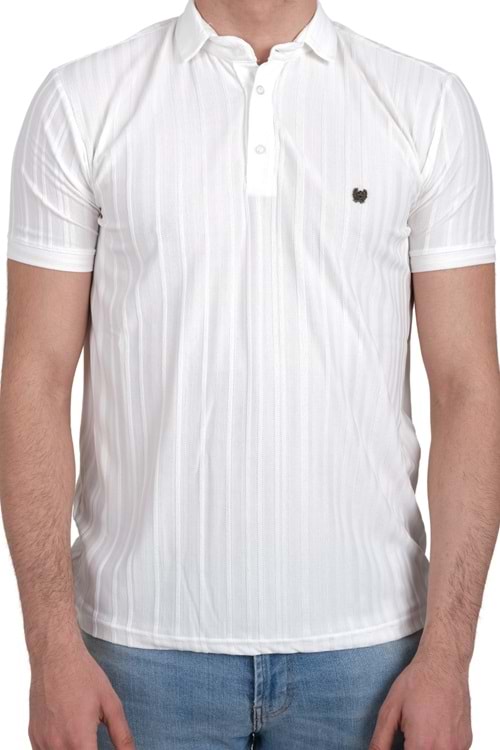 Jerox Beyaz Desenli Slim Fit Kısa Kol Polo Yaka Erkek T-Shirt