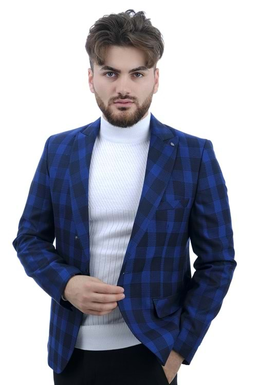 Vito Andolini Siyah - Mavi Kareli Slim Fit Tek Ceket