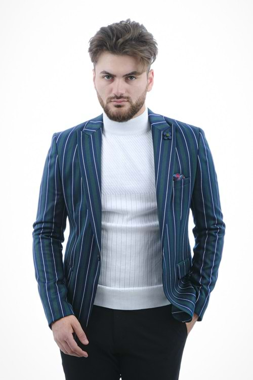 Vito Andolini Yeşil Mavi-Beyaz Çizgili Slim Fit Ceket