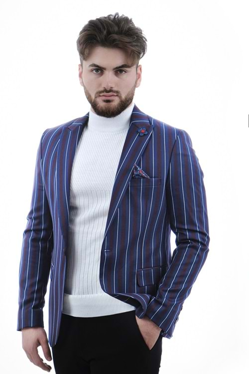 Vito Andolini Bordo Mavi Beyaz Çizgili Slim Fit Ceket