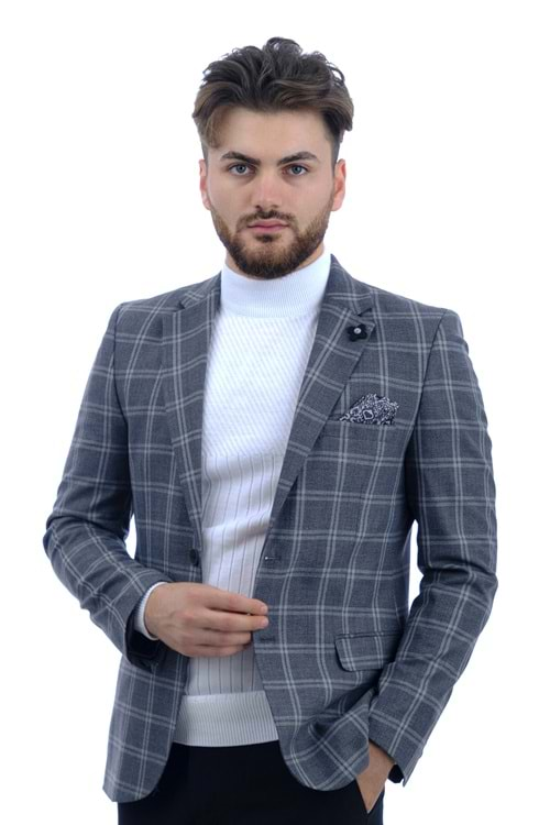 Vito Andolini Gri Ekoseli Slim Fit Erkek Ceket