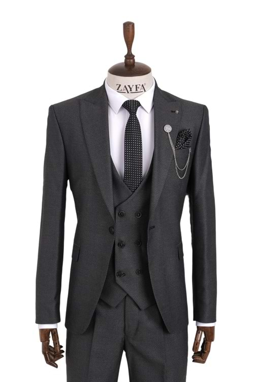 Zayfa Koyu Gri Slim Fit Yelekli Erkek Takım Elbise