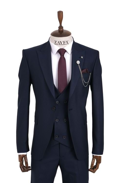 Zayfa Lacivert Slim Fit Erkek Yelekli Takım Elbise