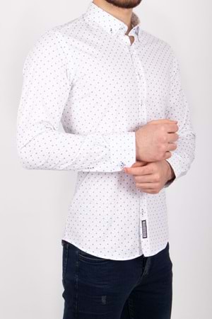 Assente Beyaz Mavi Puanlı Slimfit Uzun Kol Erkek Gömlek