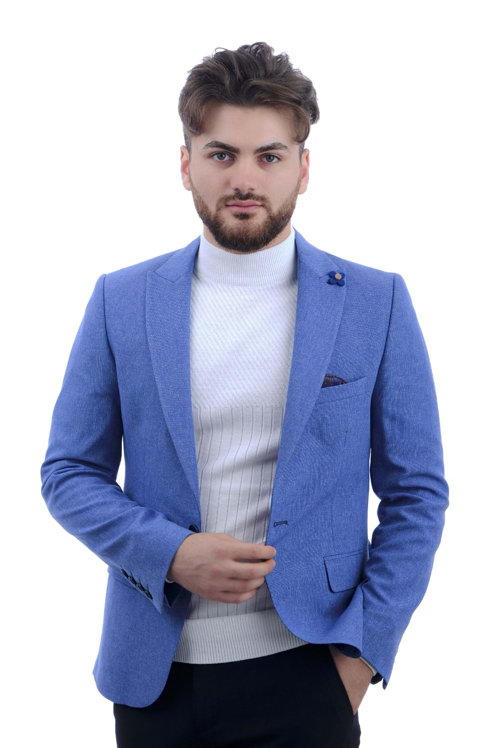 Vito Andolini Mavi Kırçıllı Slim Fit Tek Ceket