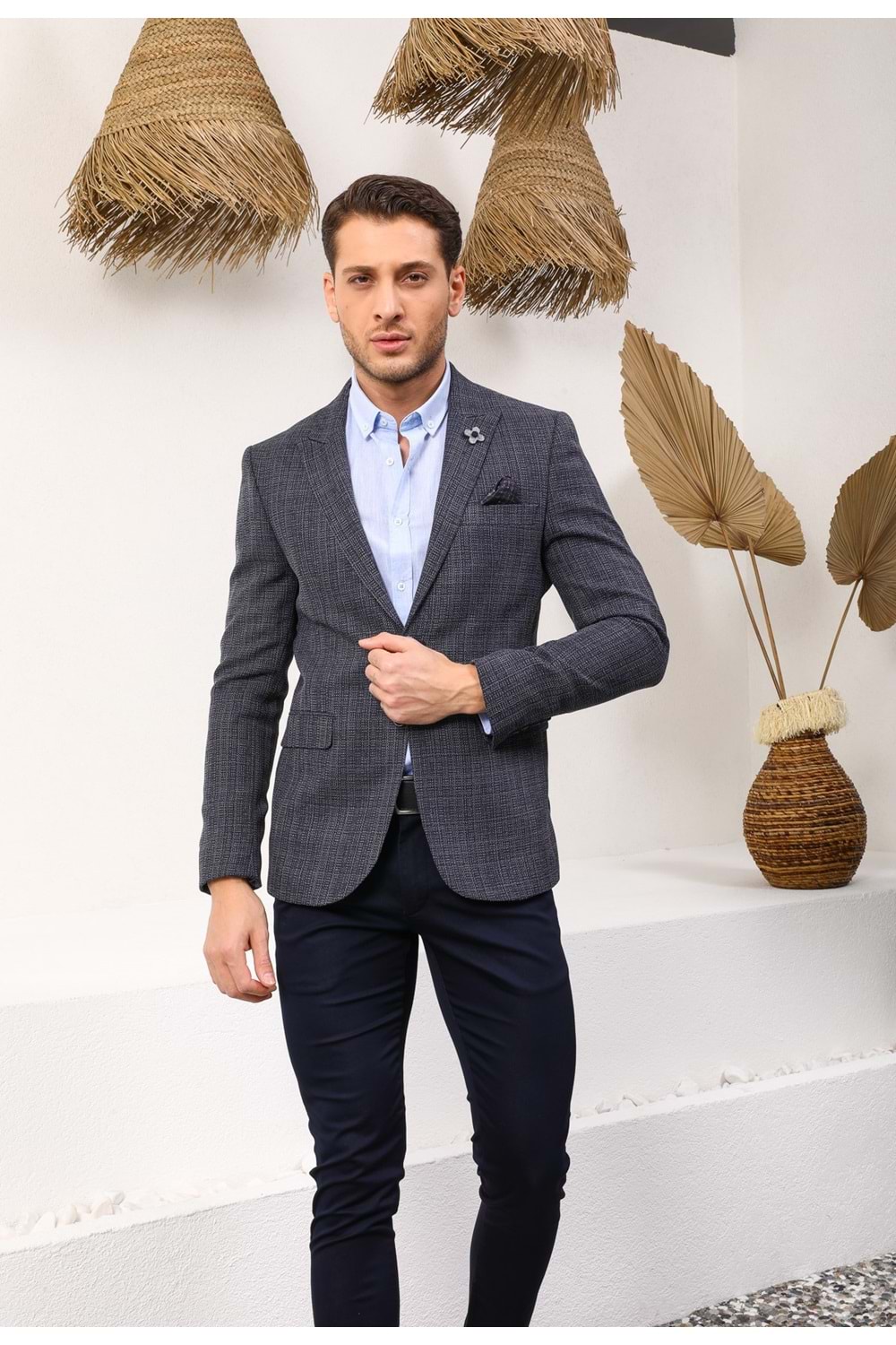Vito Andolini Lacivert Desenli Slim Fit Tek Ceket