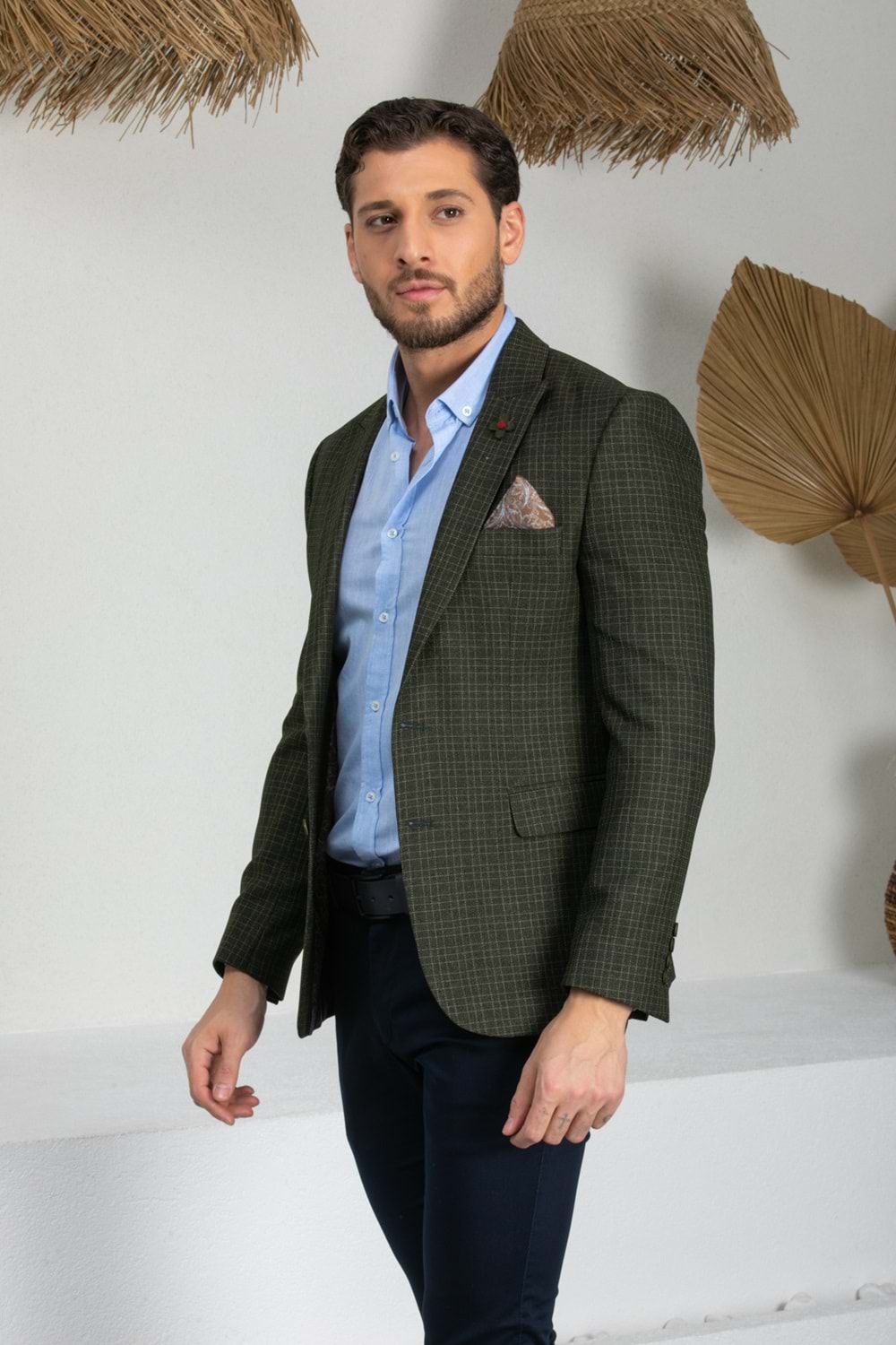 Vito Andolini Haki Yeşil Kareli Slim Fit Erkek Tek Ceket