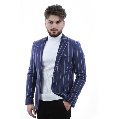 Vito Andolini Bordo Mavi Beyaz Çizgili Slim Fit Ceket