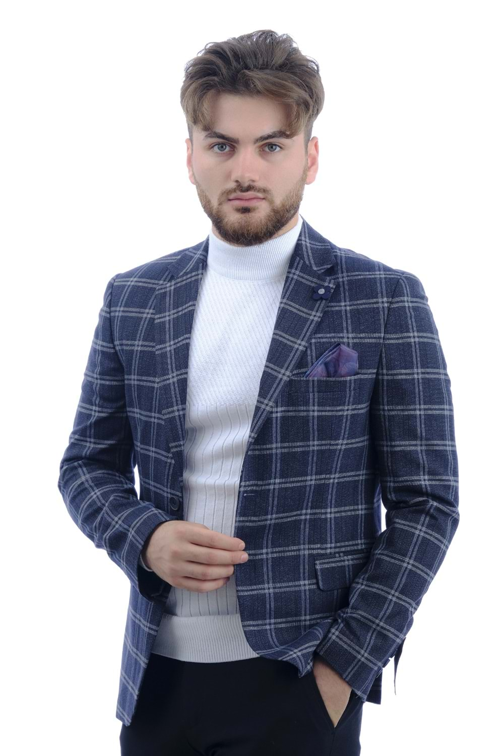 Vito Andolini Lacivert Ekoseli Slim Fit Erkek Ceket