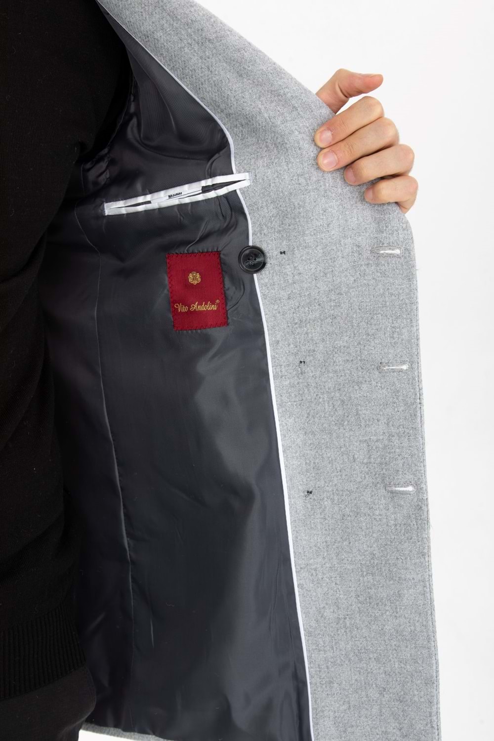 Vito Andolini Açık Gri Desenli Kaşmir Slim Fit Kruvaze Erkek Kısa Palto