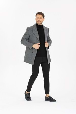 Vito Andolini Gri Desenli Kaşmir Slim Fit Kruvaze Erkek Kısa Palto