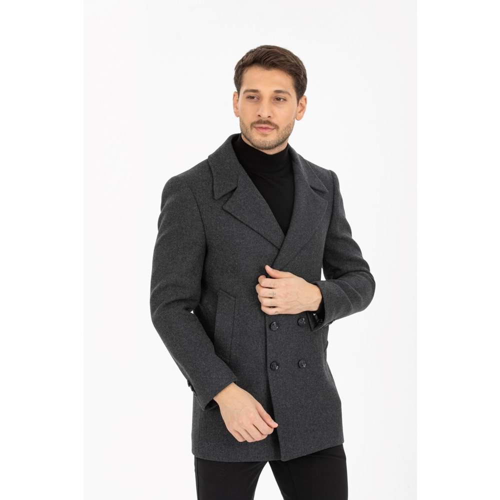 Vito Andolini Füme Desenli Kaşmir Slim Fit Kruvaze Erkek Kısa Palto