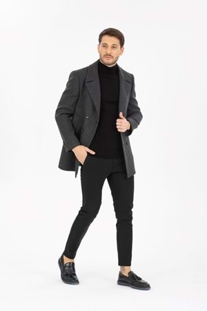 Vito Andolini Füme Desenli Kaşmir Slim Fit Kruvaze Erkek Kısa Palto