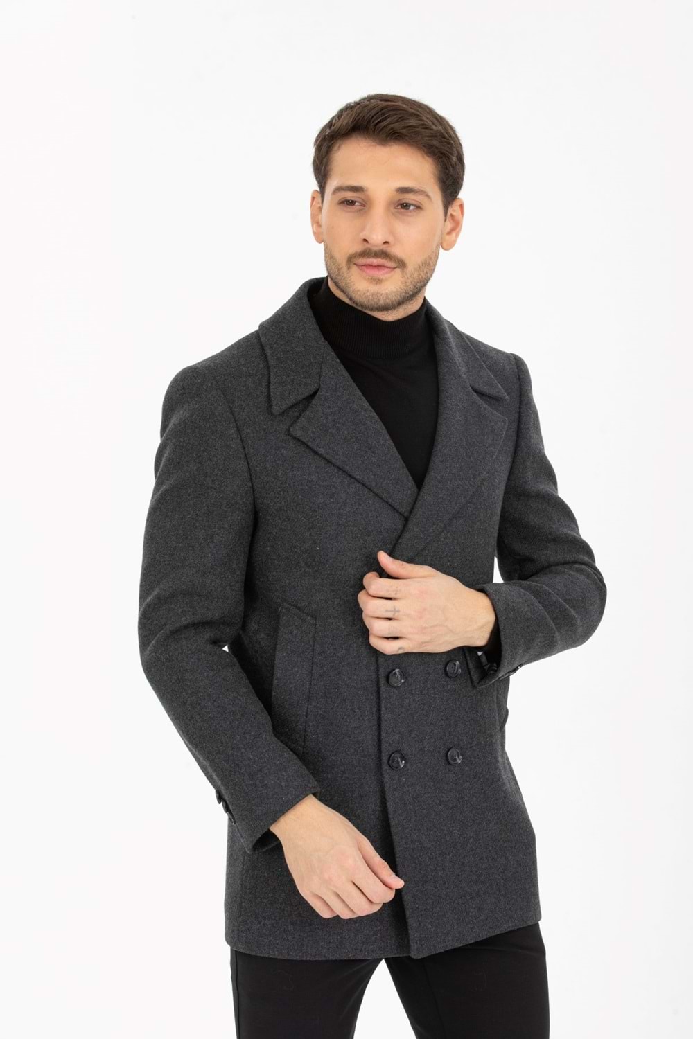 Vito Andolini Füme Desenli Kaşmir Slim Fit Kruvaze Erkek Kısa Palto