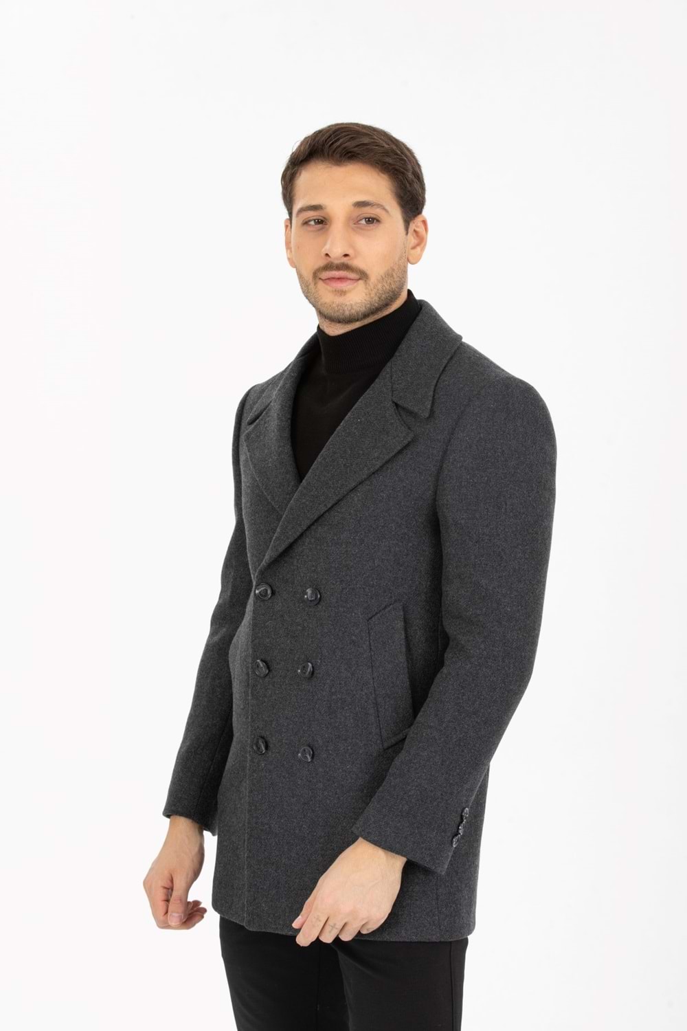 Vito Andolini Füme Desenli Kaşmir Slim Fit Kruvaze Erkek Kısa Palto