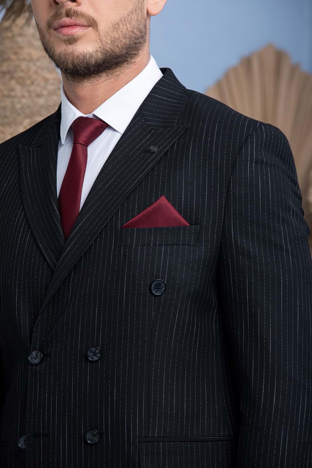 Zayfa Siyah Çizgili Slim Fit Kruvaze Erkek Takım Elbise